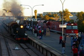 Both trains arrive at Port Augusta Railway Station for celebrations